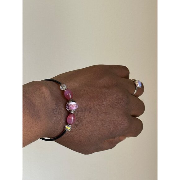 Handmade Bracelet Pink Glass Beads Crystal Accent Adjustable Beach Vacation - Picture 3 of 5